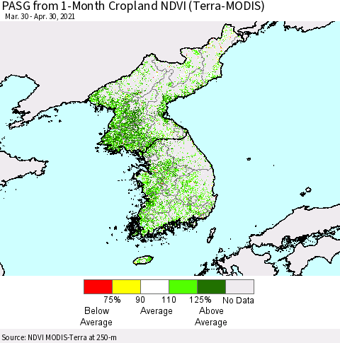 Korea PASG from 1-Month Cropland NDVI (Terra-MODIS) Thematic Map For 4/23/2021 - 4/30/2021