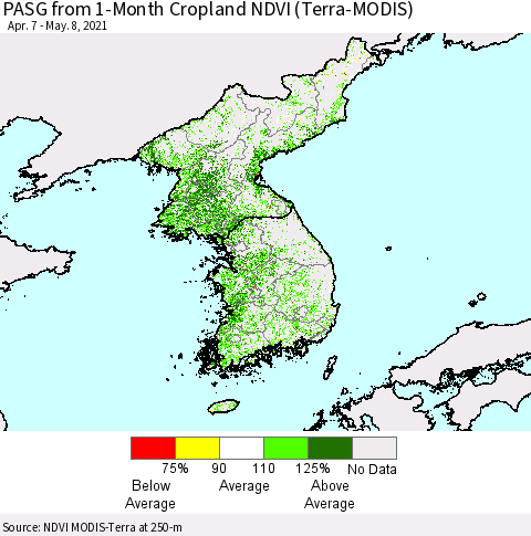 Korea PASG from 1-Month Cropland NDVI (Terra-MODIS) Thematic Map For 5/1/2021 - 5/8/2021