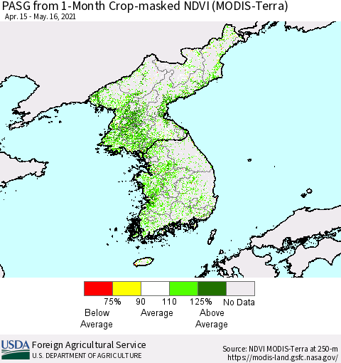 Korea PASG from 1-Month Cropland NDVI (Terra-MODIS) Thematic Map For 5/11/2021 - 5/20/2021