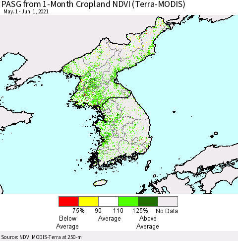 Korea PASG from 1-Month Cropland NDVI (Terra-MODIS) Thematic Map For 5/25/2021 - 6/1/2021