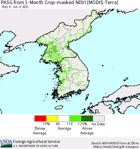 Korea PASG from 1-Month Cropland NDVI (Terra-MODIS) Thematic Map For 6/1/2021 - 6/10/2021