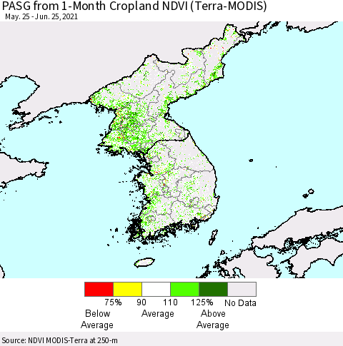 Korea PASG from 1-Month Cropland NDVI (Terra-MODIS) Thematic Map For 6/18/2021 - 6/25/2021