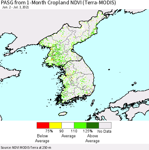 Korea PASG from 1-Month Cropland NDVI (Terra-MODIS) Thematic Map For 6/26/2021 - 7/3/2021