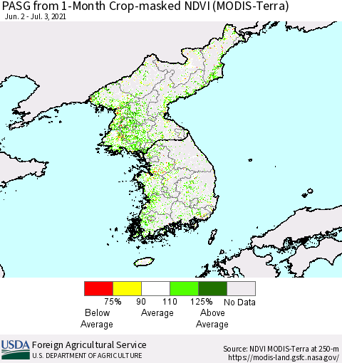 Korea PASG from 1-Month Cropland NDVI (Terra-MODIS) Thematic Map For 7/1/2021 - 7/10/2021