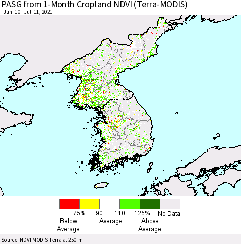 Korea PASG from 1-Month Cropland NDVI (Terra-MODIS) Thematic Map For 7/4/2021 - 7/11/2021