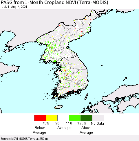 Korea PASG from 1-Month Cropland NDVI (Terra-MODIS) Thematic Map For 7/28/2021 - 8/4/2021