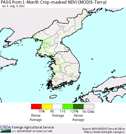 Korea PASG from 1-Month Cropland NDVI (Terra-MODIS) Thematic Map For 8/1/2021 - 8/10/2021