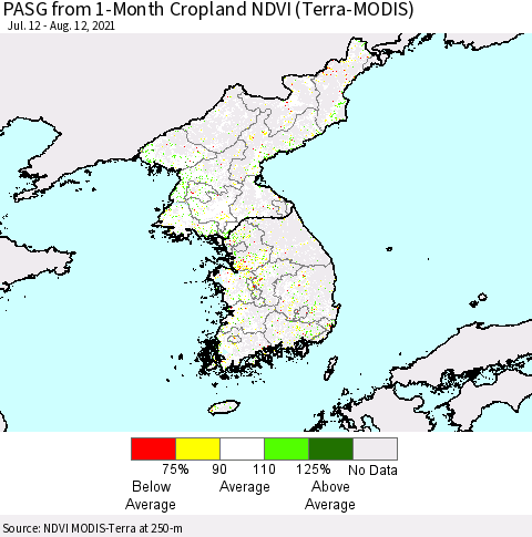 Korea PASG from 1-Month Cropland NDVI (Terra-MODIS) Thematic Map For 8/5/2021 - 8/12/2021