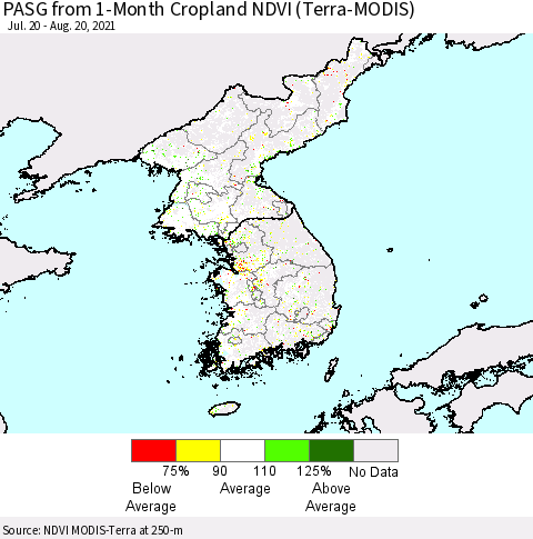 Korea PASG from 1-Month Cropland NDVI (Terra-MODIS) Thematic Map For 8/11/2021 - 8/20/2021