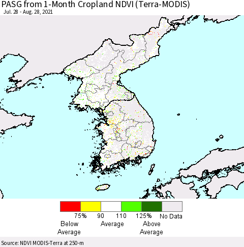 Korea PASG from 1-Month Cropland NDVI (Terra-MODIS) Thematic Map For 8/21/2021 - 8/28/2021