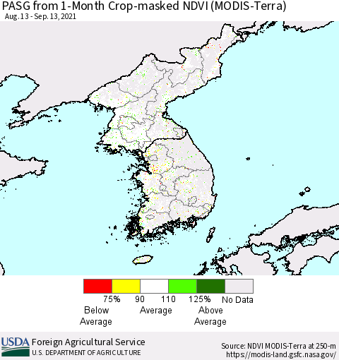 Korea PASG from 1-Month Cropland NDVI (Terra-MODIS) Thematic Map For 9/11/2021 - 9/20/2021