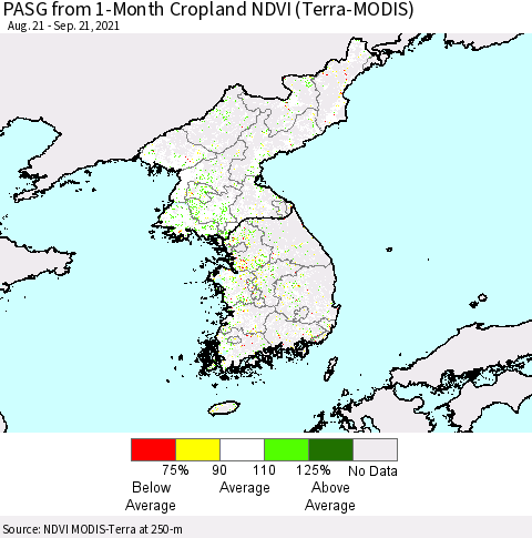 Korea PASG from 1-Month Cropland NDVI (Terra-MODIS) Thematic Map For 9/14/2021 - 9/21/2021