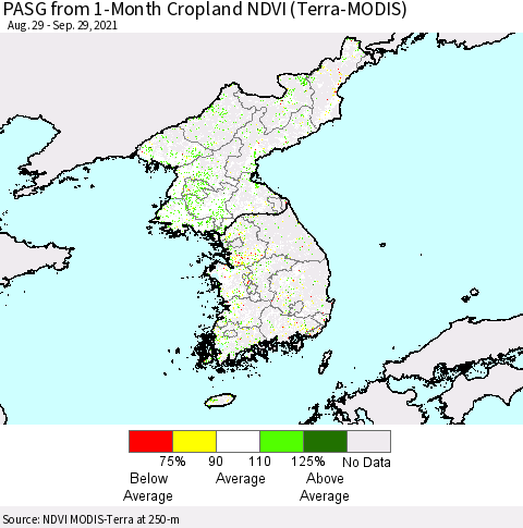 Korea PASG from 1-Month Cropland NDVI (Terra-MODIS) Thematic Map For 9/22/2021 - 9/29/2021