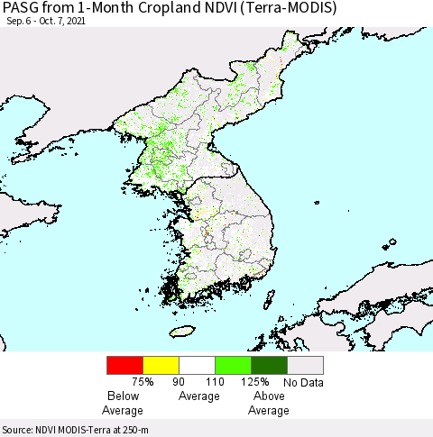 Korea PASG from 1-Month Cropland NDVI (Terra-MODIS) Thematic Map For 9/30/2021 - 10/7/2021