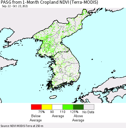 Korea PASG from 1-Month Cropland NDVI (Terra-MODIS) Thematic Map For 10/16/2021 - 10/23/2021