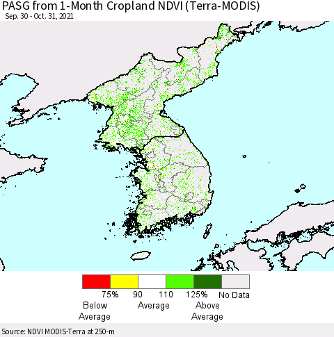 Korea PASG from 1-Month Cropland NDVI (Terra-MODIS) Thematic Map For 10/21/2021 - 10/31/2021