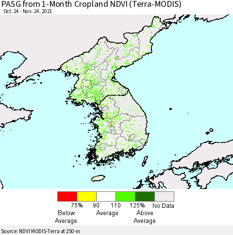 Korea PASG from 1-Month Cropland NDVI (Terra-MODIS) Thematic Map For 11/17/2021 - 11/24/2021