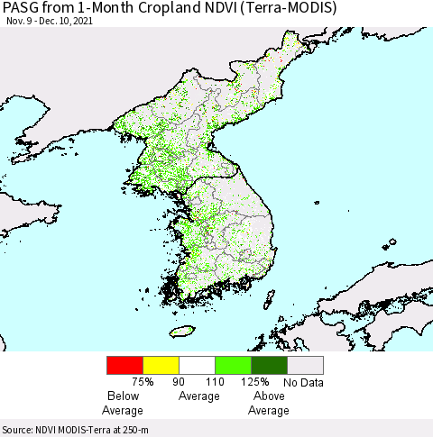 Korea PASG from 1-Month Cropland NDVI (Terra-MODIS) Thematic Map For 12/1/2021 - 12/10/2021
