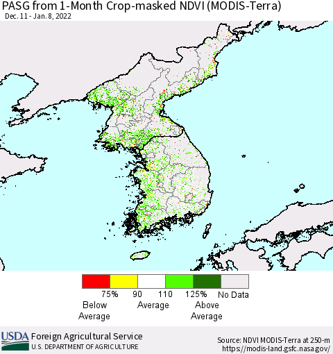 Korea PASG from 1-Month Cropland NDVI (Terra-MODIS) Thematic Map For 1/1/2022 - 1/10/2022