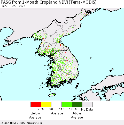 Korea PASG from 1-Month Cropland NDVI (Terra-MODIS) Thematic Map For 1/25/2022 - 2/1/2022