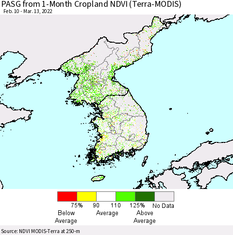 Korea PASG from 1-Month Cropland NDVI (Terra-MODIS) Thematic Map For 3/6/2022 - 3/13/2022