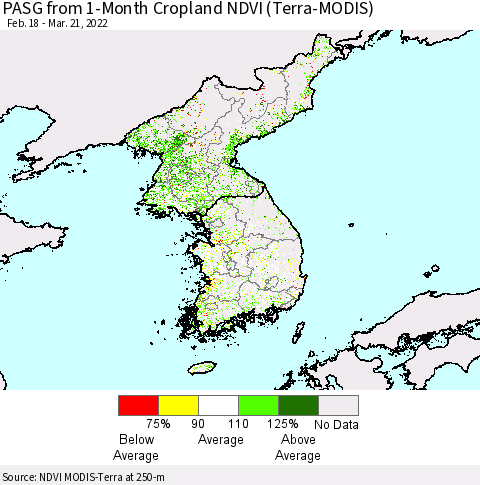 Korea PASG from 1-Month Cropland NDVI (Terra-MODIS) Thematic Map For 3/14/2022 - 3/21/2022