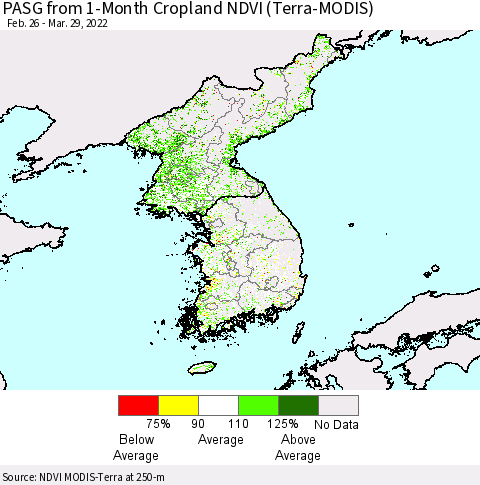 Korea PASG from 1-Month Cropland NDVI (Terra-MODIS) Thematic Map For 3/22/2022 - 3/29/2022