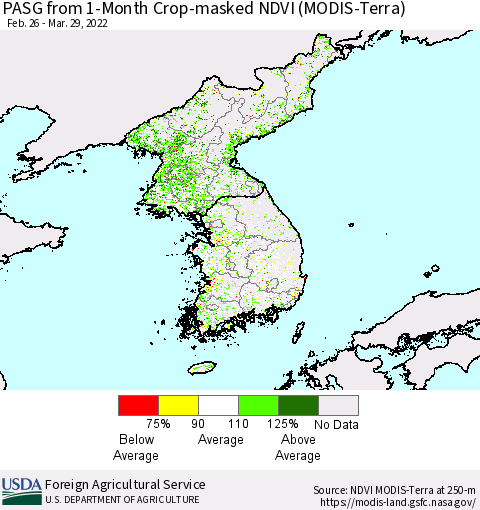 Korea PASG from 1-Month Cropland NDVI (Terra-MODIS) Thematic Map For 3/21/2022 - 3/31/2022