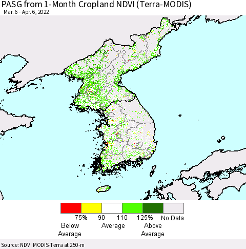 Korea PASG from 1-Month Cropland NDVI (Terra-MODIS) Thematic Map For 3/30/2022 - 4/6/2022