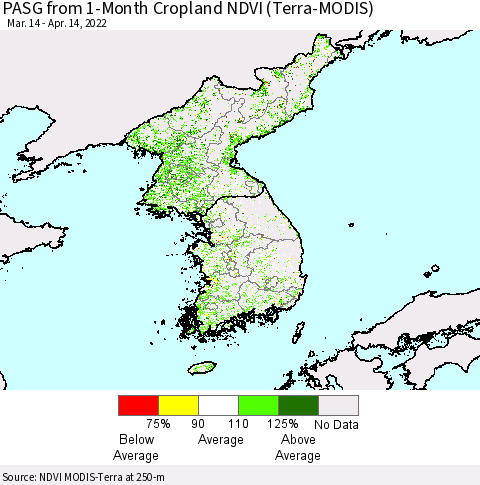 Korea PASG from 1-Month Cropland NDVI (Terra-MODIS) Thematic Map For 4/7/2022 - 4/14/2022
