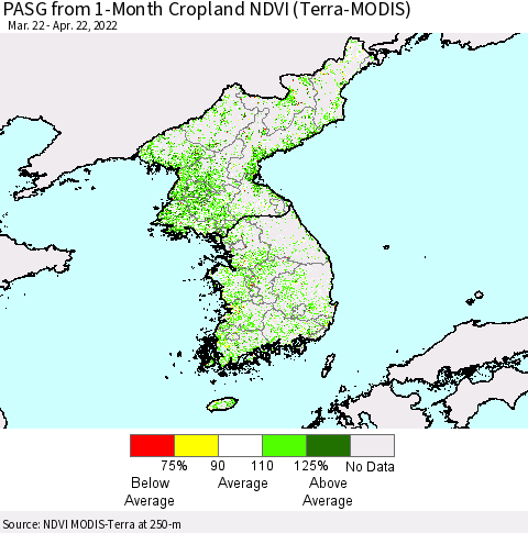 Korea PASG from 1-Month Cropland NDVI (Terra-MODIS) Thematic Map For 4/15/2022 - 4/22/2022