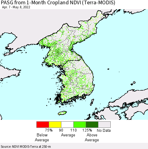 Korea PASG from 1-Month Cropland NDVI (Terra-MODIS) Thematic Map For 5/1/2022 - 5/8/2022