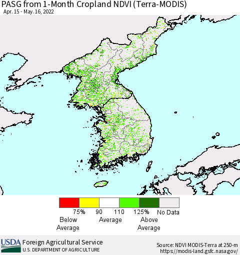 Korea PASG from 1-Month Cropland NDVI (Terra-MODIS) Thematic Map For 5/11/2022 - 5/20/2022
