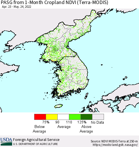 Korea PASG from 1-Month Cropland NDVI (Terra-MODIS) Thematic Map For 5/21/2022 - 5/31/2022