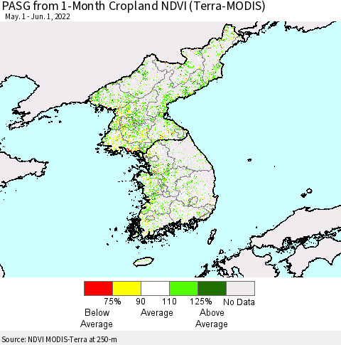 Korea PASG from 1-Month Cropland NDVI (Terra-MODIS) Thematic Map For 5/25/2022 - 6/1/2022