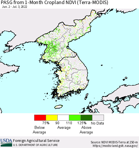 Korea PASG from 1-Month Cropland NDVI (Terra-MODIS) Thematic Map For 7/1/2022 - 7/10/2022