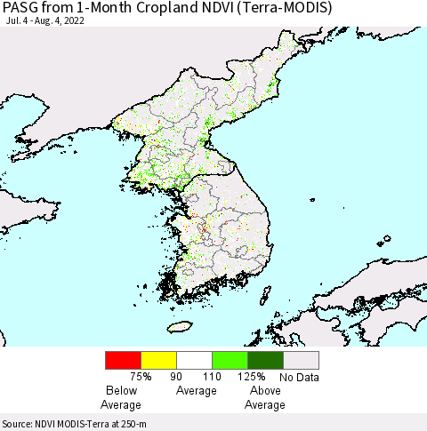 Korea PASG from 1-Month Cropland NDVI (Terra-MODIS) Thematic Map For 7/28/2022 - 8/4/2022
