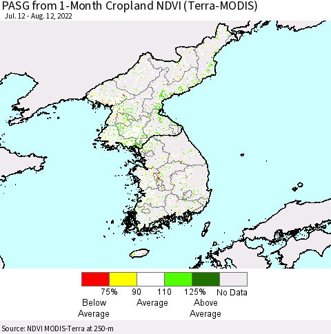 Korea PASG from 1-Month Cropland NDVI (Terra-MODIS) Thematic Map For 8/5/2022 - 8/12/2022