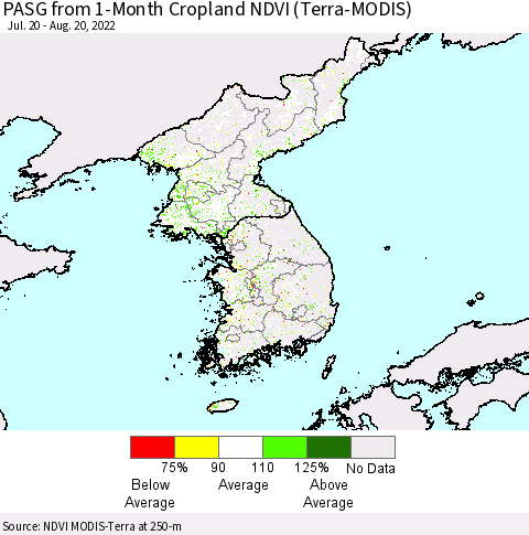 Korea PASG from 1-Month Cropland NDVI (Terra-MODIS) Thematic Map For 8/11/2022 - 8/20/2022