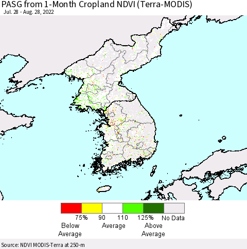 Korea PASG from 1-Month Cropland NDVI (Terra-MODIS) Thematic Map For 8/21/2022 - 8/28/2022