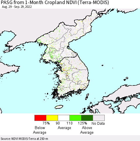 Korea PASG from 1-Month Cropland NDVI (Terra-MODIS) Thematic Map For 9/22/2022 - 9/29/2022