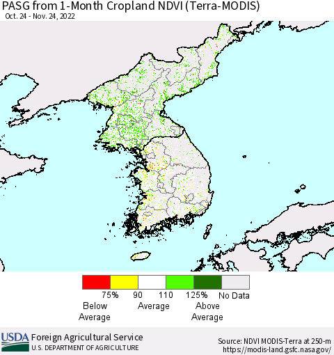 Korea PASG from 1-Month Cropland NDVI (Terra-MODIS) Thematic Map For 11/21/2022 - 11/30/2022