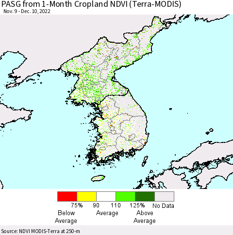 Korea PASG from 1-Month Cropland NDVI (Terra-MODIS) Thematic Map For 12/1/2022 - 12/10/2022