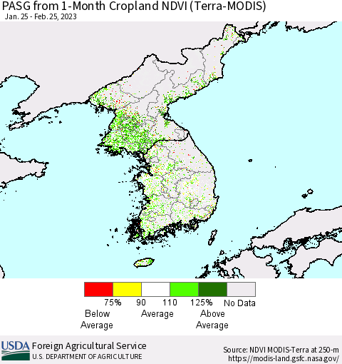 Korea PASG from 1-Month Cropland NDVI (Terra-MODIS) Thematic Map For 2/21/2023 - 2/28/2023