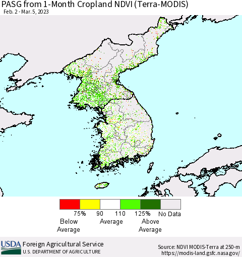Korea PASG from 1-Month Cropland NDVI (Terra-MODIS) Thematic Map For 3/1/2023 - 3/10/2023