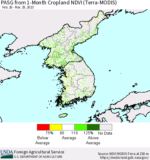 Korea PASG from 1-Month Cropland NDVI (Terra-MODIS) Thematic Map For 3/21/2023 - 3/31/2023