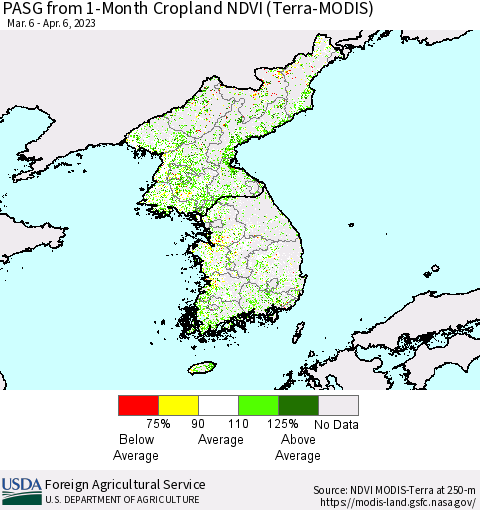 Korea PASG from 1-Month Cropland NDVI (Terra-MODIS) Thematic Map For 4/1/2023 - 4/10/2023