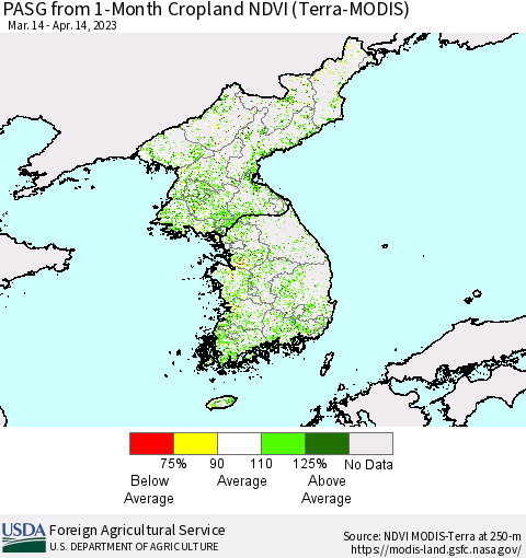 Korea PASG from 1-Month Cropland NDVI (Terra-MODIS) Thematic Map For 4/11/2023 - 4/20/2023