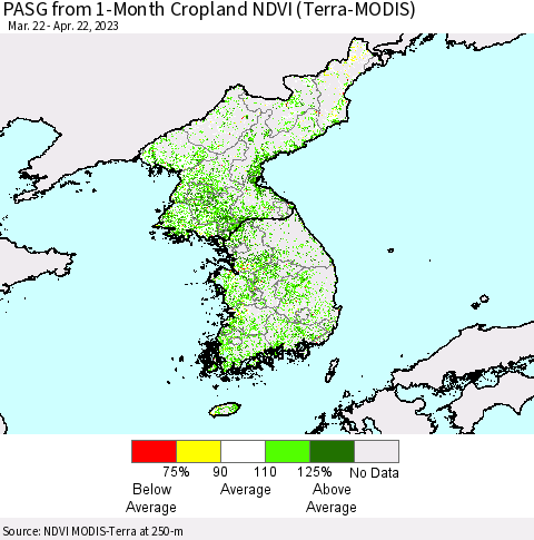 Korea PASG from 1-Month Cropland NDVI (Terra-MODIS) Thematic Map For 4/15/2023 - 4/22/2023