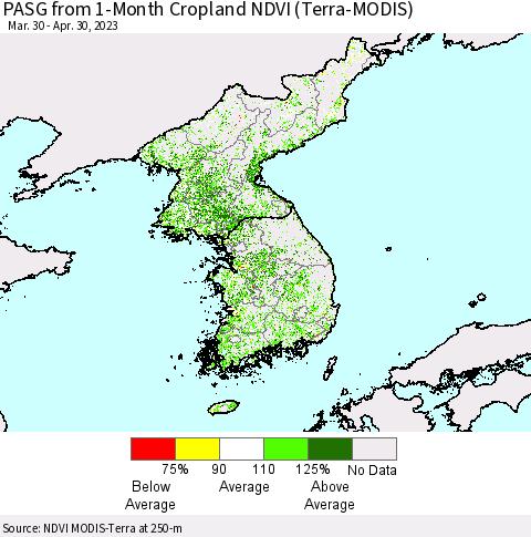 Korea PASG from 1-Month Cropland NDVI (Terra-MODIS) Thematic Map For 4/21/2023 - 4/30/2023